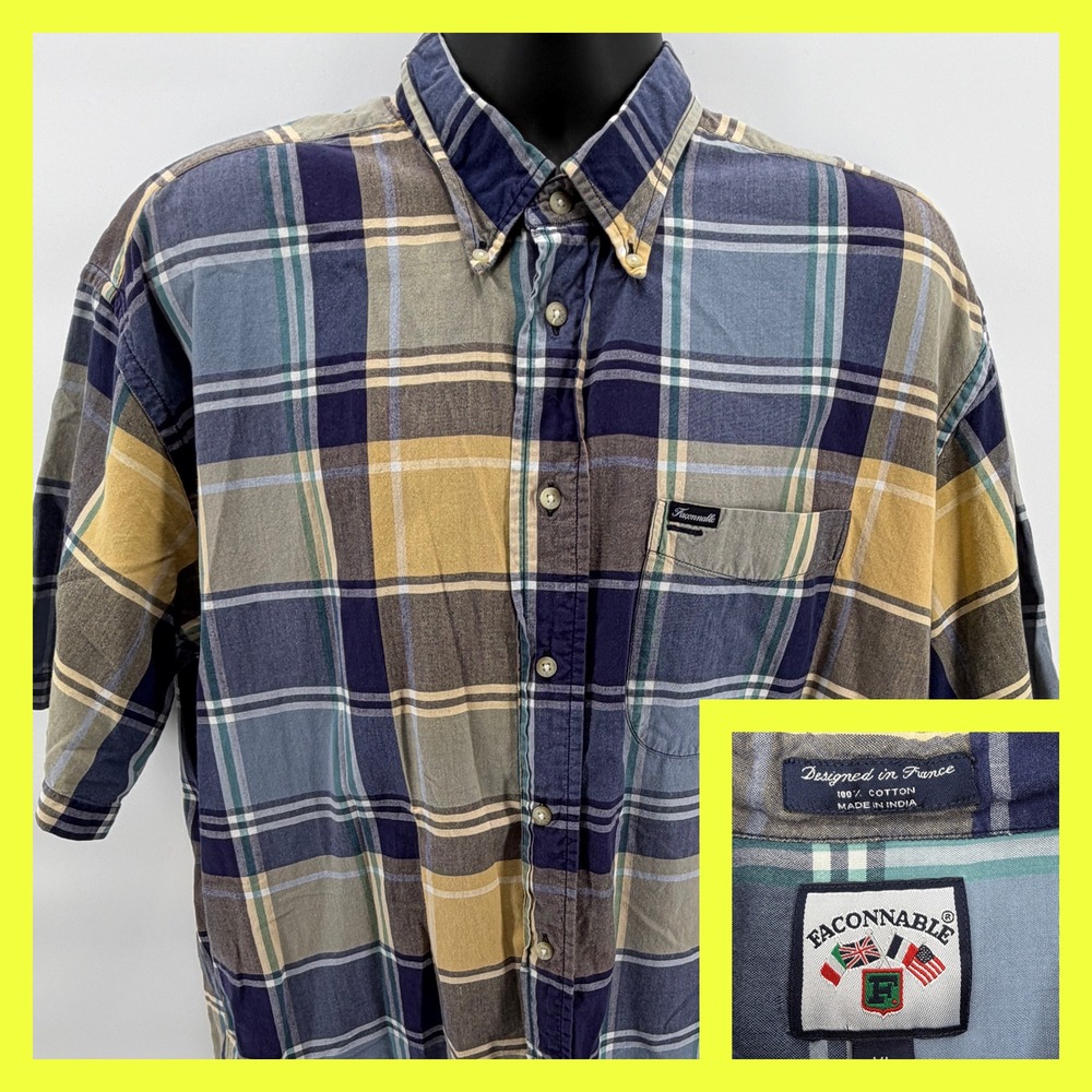 Faconnable Men's XL Shirt Short Sleeve Plaid Button Down Cotton Blue Yellow